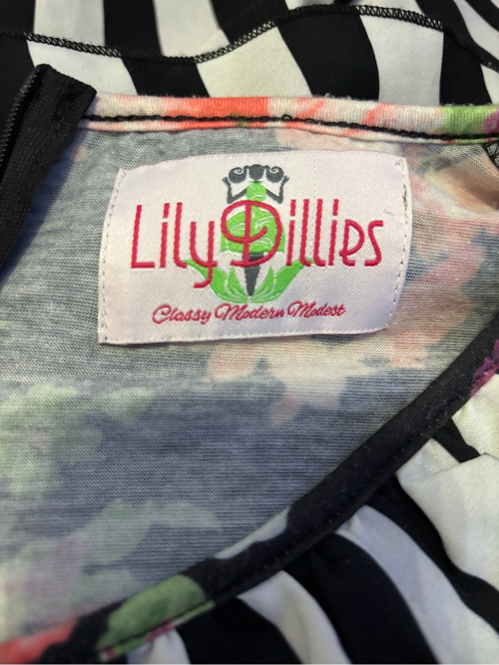 LuLaRoe Black Floral and White-Black Striped Tiered Midi Dress - Picture 6 of 6